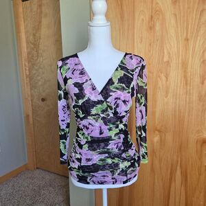 Inc-international-concepts y2k surplice vintage stretchy mesh floral top whimsy